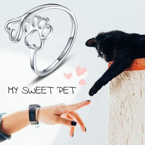 Pet paw print heart 925 sterling silver ring - Picture 1 of 4